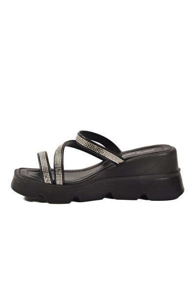 Pierre Cardin Black Thick Soled Stone-Embellished Strapped Women's Heeled Sli...