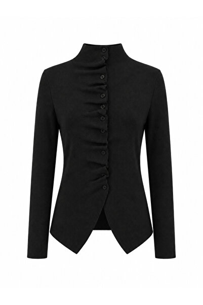peri tower Women's High Collar Gathered Detailed Buttoned Fit Knitwear Cardig...