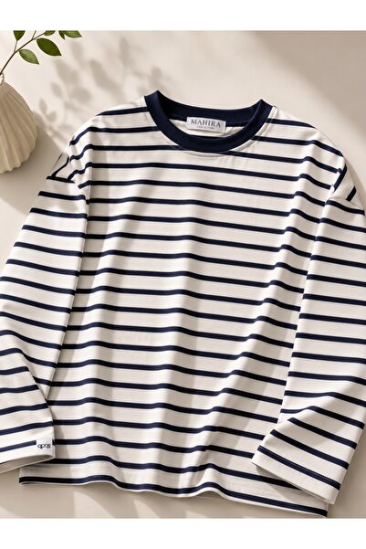mahira collection Navy Blue Ecru Striped Crew Neck Sweatshirt