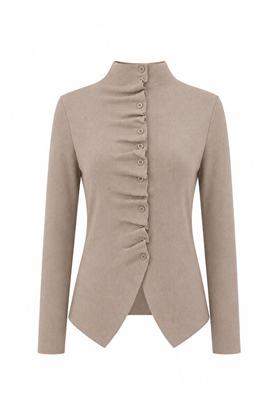 peri tower Women's High Collar Gathered Detailed Buttoned Fit Knitwear Cardig...