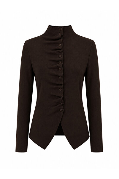 peri tower Women's High Collar Gathered Detailed Buttoned Fit Knitwear Cardig...
