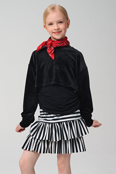 SheShe Black Blouse & Striped Layered Skirt Set