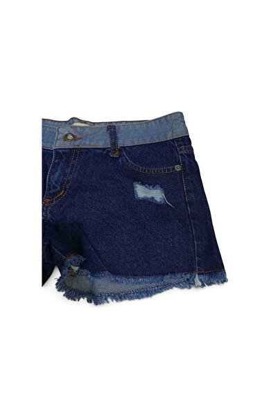 BeHill Be Hill Women's Double Tone Blue Ripped Detailed Tasseled Hem Mini Jean Shorts