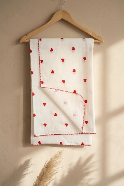 ANP MODA TASARIM Red Patterned Cotton Muslin Baby Blanket with Piping and Emb...