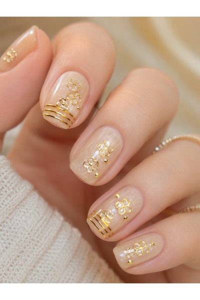 Minimal Glow 12'li Gold 3D Desenli Takma Tırnak Seti Kendinden Yapışkanlı Press On Nail Art kop