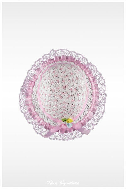 PIECE SIGNATURE Mercerized Children's Hat with Pearls and Lace (Age 2-6) (Pink)