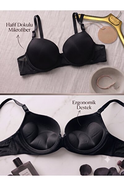 Lavint Homewear Sutien negru ultra push-up cu suport din tul pe lateral, cu s...