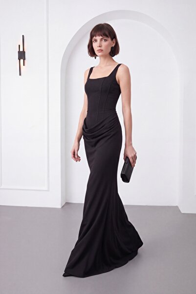 Lafaba Women's Black Square Neck Strap Long Mermaid Evening Dress