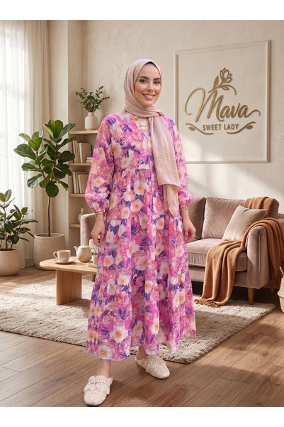 Mava Lady Kadın Renkli Çiçekli Hakim Yaka Dökümlü Uzun Tesettür Elbise