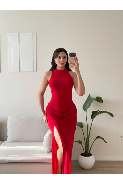Zoom Butik Bel Drape Halter Yırtmaçlı Elbise - KIRMIZI