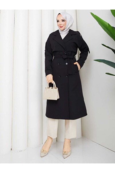 Vibeys Moda Women's Belted and Button-Detail Trench Coat