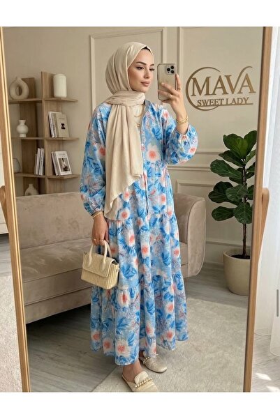 Mava Lady Kadın Renkli Çiçekli Hakim Yaka Dökümlü Uzun Tesettür Elbise