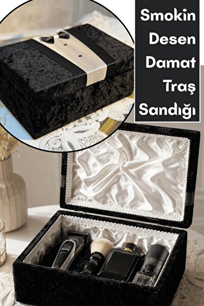 Dantelux Smokin Desenli Damat Traş Sandığı (Ahşap & Kadife Kaplı) 30x20x13 cm