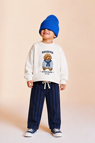 Monila Boy's Ecru Teddy Bear Printed Sweatshirt and Navy Blue Striped Sweatpa...