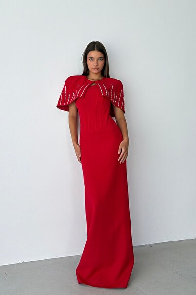 Serica Moda Κόκκινο μπολερό και πέτρινο κεντημένο μακρύ βραδινό φόρεμα με ενί...