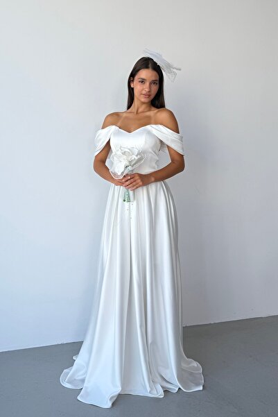Serica Moda White Sweetheart Neckline Off Shoulder Underwire Long Satin Eveni...