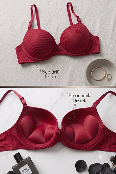 Lavint Homewear Kırmızı Ultra Push-Up Çizgili Destekli Balenli Slikonlu Sütyen