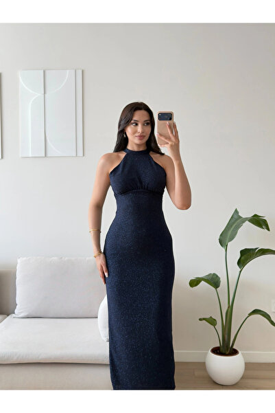 Zoom Butik Halter Yaka Simli Long Elbise - LACİVERT
