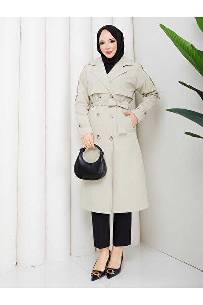 Vibeys Moda Women's Belted and Button-Detail Trench Coat