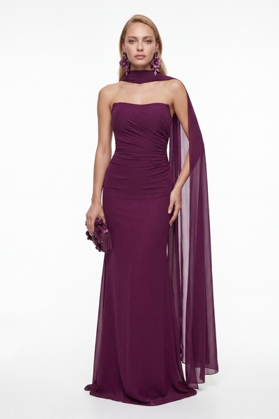 Lafaba Women's Plum Strapless Collar Drape Detail Long Evening Dress with Scarf