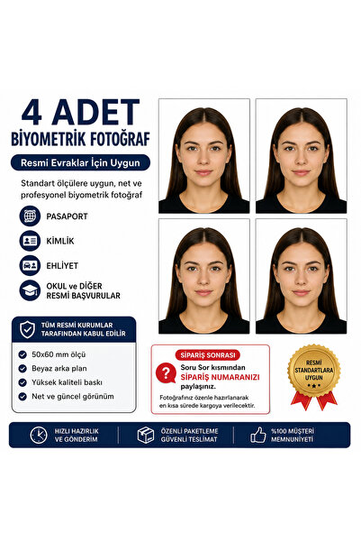 4 ADET 5X6 CM BİYOMETRİK VESİKALIK FOTOĞRAF OKUL- EHLİYET-KİMLİK-PASAPORT UYUMLU