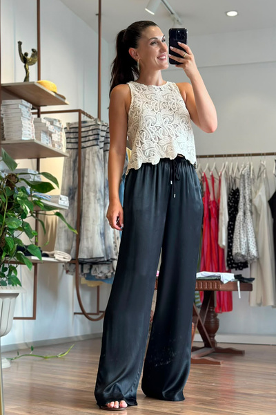 Unique Boutique Black Satin Fabric High Waist Trousers