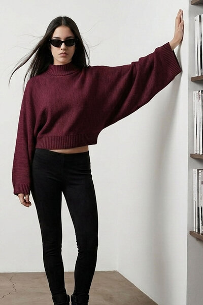 Şiir Dorg Soft Textured Wide Batwing Sleeve High Neck Knitwear Women's Sweate...