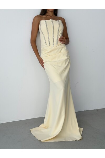Serica Moda Yellow Strapless Stone Embellished Draped Underwire Long Evening Dress
