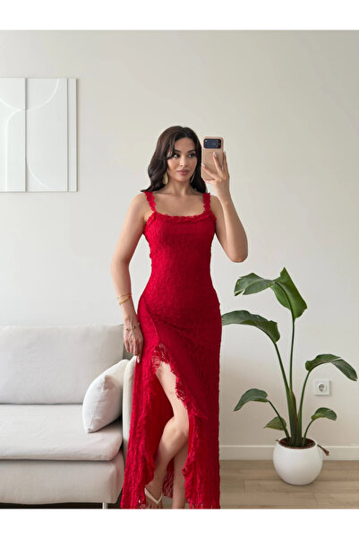 Zoom Butik Derin Yırtmaç Dantelli Elbise - KIRMIZI
