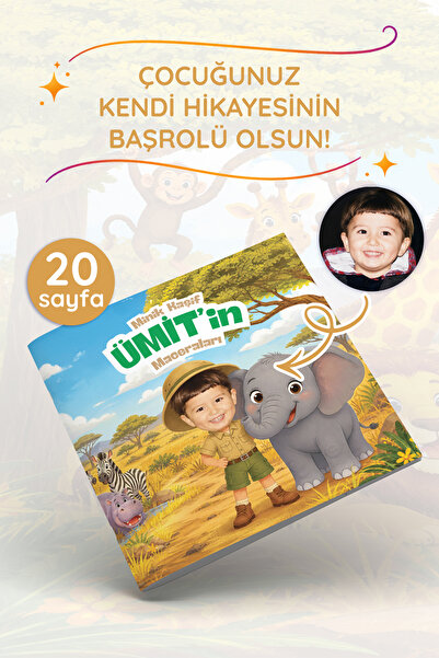 Çocuklar İçin Kişiye Özel Hikaye Kitabı - Safari Konseptli - Çocuğunuz Kendi Hikayesinin Başrolü Olsun - 20 Sayfa - Doğum Günü Hediyesi