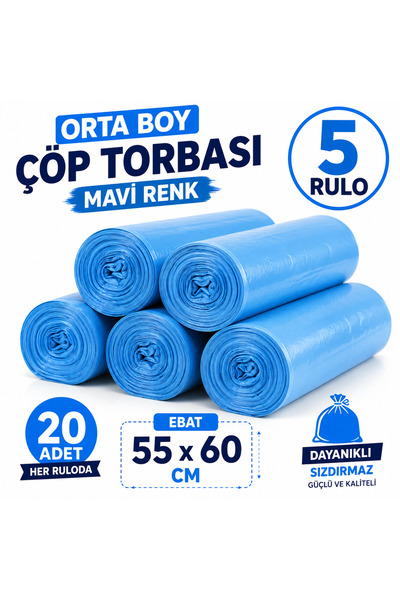 livaambalaj Orta Boy Çöp Torbası 55x60 cm Mavi 5 Rulo 100 Adet Dayanıklı Çöp ...