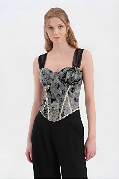 tw3 Women's Jacquard Fabric Corset with Padded Chest and Lace-Up Back Design