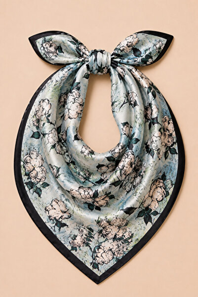 OUS Women's Blue Vintage Floral Patterned 50X50 cm Satin Scarf, Black Edged S...