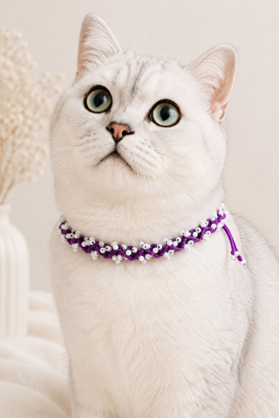 NEHOLİA Hand Knitted Cat Neck Accessory Purple White Beaded Lace-Up Handmade ...