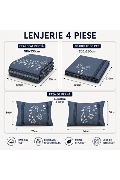 EMATTEIRO Lenjerie de Pat 4 Piese cu Cearceaf Pilotă și 2 Fețe de Pernă, Imprimeu Modern