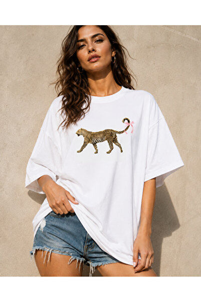 fingerjewerly Women's Leopard Tail Ribbon Printed Oversize T-Shirt Unisex 80%...