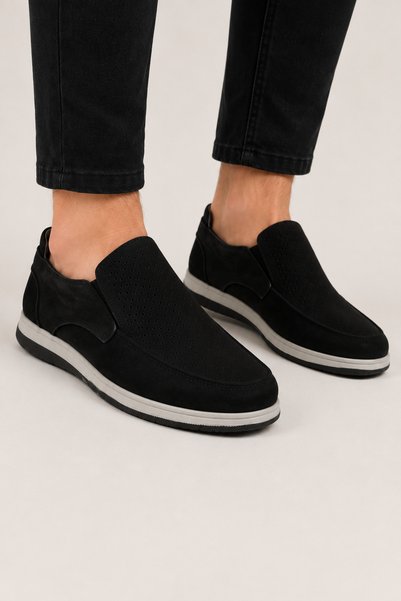 Jagulep Men's Nubuck Genuine Leather Shoes Black