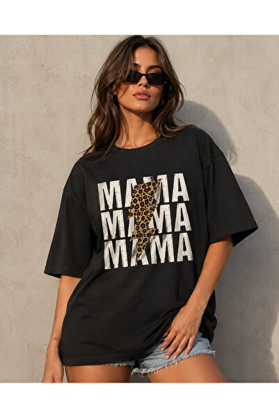 fingerjewerly Women's Mom Mama Leopard Patterned Lightning Printed Oversize T...
