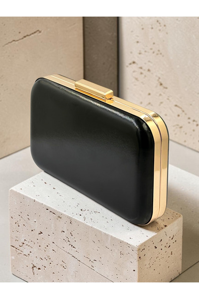 Biçanta Black Shiny Metallic Skin Leather Gold Metal Detailed Chain Strap Women's Evening Dress Bag Wedding Engagement Graduation