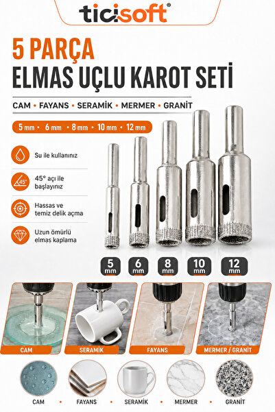 Ticisoft Cam Fayans Delme Ucu Seti 5 Parça 5-6-8-10-12 mm Elmas Uçlu Karot Me...