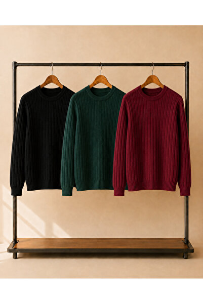 OTAKU 3-Pack Men's Ribbed Crew Neck Winter Knit Sweater