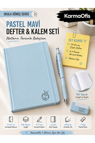 KarmaOfis Pastel Blue 17X24 cm 168 Sheets Lined Elastic Notebook Set – 0.7 Ve...