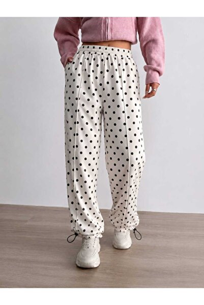 CASUALSTYLE Women's Polka Dot Elastic Waist Pocketed Cuffed Trousers