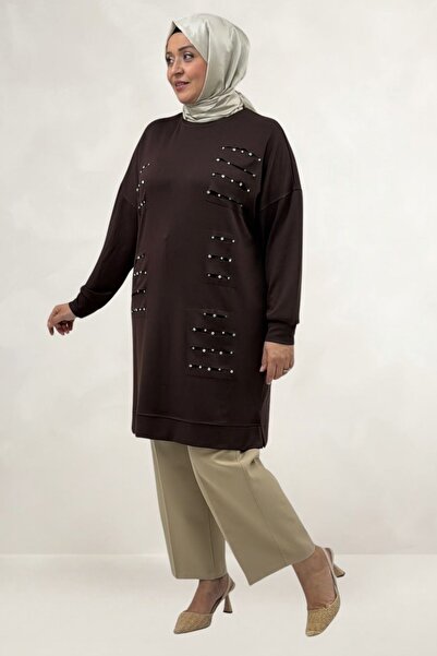 Eslina 48089 Plus Size Beyoğlu Stone Modal Tunic - Brown