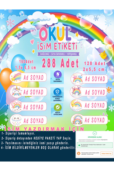 aiki Gökkuşağı Temalı, Okul Etiketi Kalem Defter Isim Yazılabilen etiket, 288...
