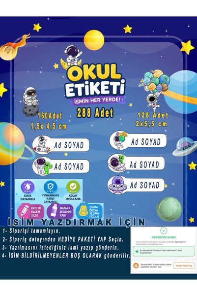 aiki Astronot Temalı, Okul Etiketi Kalem Defter Isim Yazılabilen etiket, 288 adet
