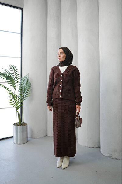 ankanoor Button Detailed Felt Knitwear Cardigan Skirt Set Anka261041