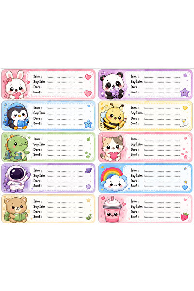 Genel Markalar Kawaii Karakterli Okul İsim Etiketi 10’lu Set | Defter Kitap K...