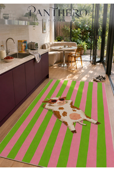Panthero Home Pembe Yeşil İnek Desenli Kaymaz Taban Süngerli Yıkanabilir Halı