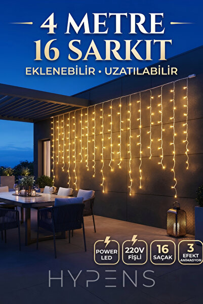 HYPENS Günışığı 96 Led Sarkıt 3 Efekt Modlu 4 Metre Power Led 16 Saçak Süslem...